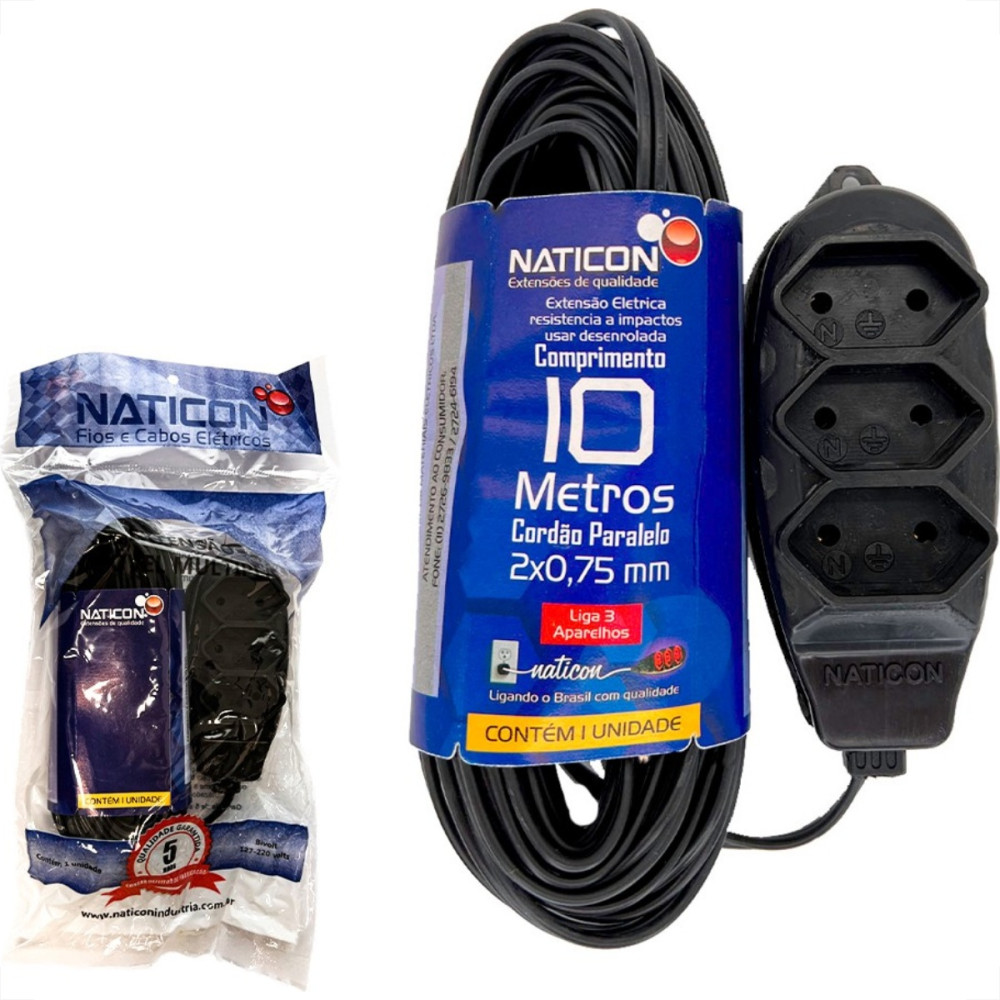 Extensao Naticon Paralela 2 Polos 0 75Mm Preta 10M