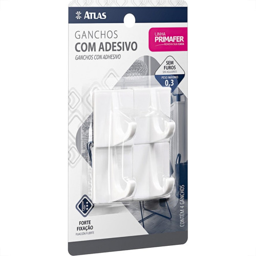 Gancho Adesivo Primafer Branco Plastico 0,3 1Kg 4Pecas Pequeno Pr2508