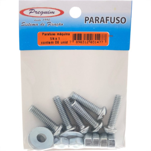 Cartela Parafuso Rosca Maquina Preguim   Redonda 1/4 X 1+Porca+Arruela Com 06 Pecas 1477