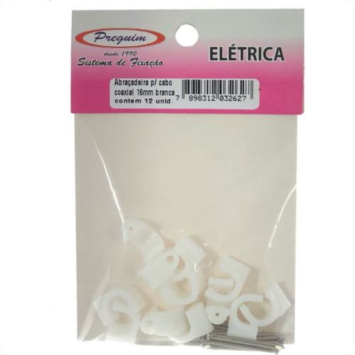 Cartela Grampo Fixa Fio Tipo Garra Branco Preguim Coaxial 08Mm Com 12 Pecas 2627