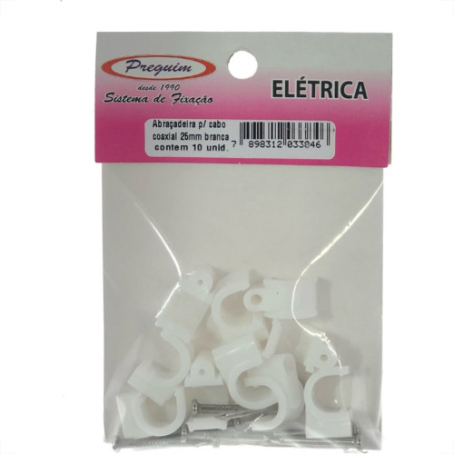 Cartela Grampo Fixa Fio Tipo Garra Branco Preguim Coaxial 10Mm Com 10 Pecas 3846