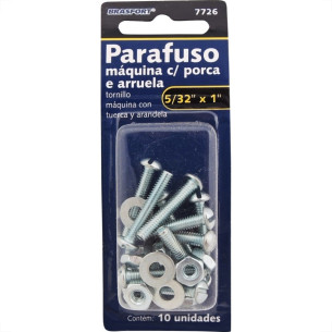 Cartela Parafuso Rosca Maquina Brasfort   Redonda 5/32 X 1+Porca+Arruela Cartela Com 10 Pecas 7726