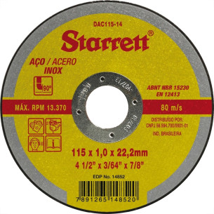 Disco Aco Inox Starrett - 4,1/2''X3,64''X7/8'' - Fino 1,0Mm -Dac115-14 - Kit C/12 Pecas