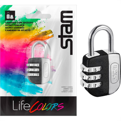 Cadeado Para Mala Stam Life Colors Com Segredo 25Mm Preto Fosco