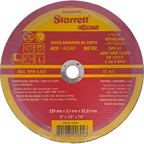 Disco Corte Ferro Starrett 9''X1/8''X7/8'' - Kit C/6 Pecas