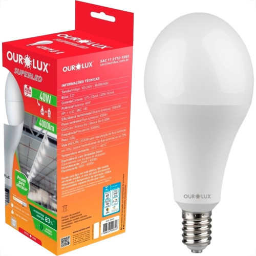 Lampada Superled Bulbo Ourolux - E-40 - 4000Lm - 40W. Alta Potencia - 6500K.