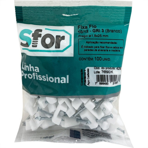 Grampo Fixa Fio Tipo Garra Sforplast 10/12 Branco Com 100 Pecas 429