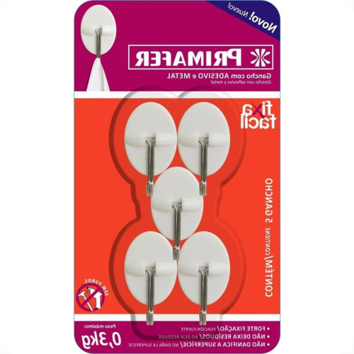 Gancho Adesivo Primafer Branco Plastico/Metal 0,3 1Kg 5Peca Oval Pr2562