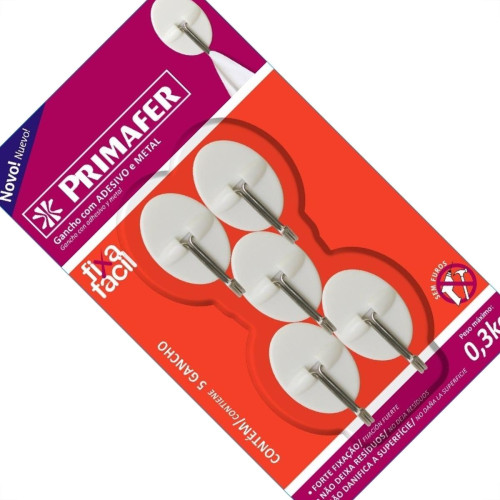 Gancho Adesivo Primafer Branco Plastico/Metal 0,3 1Kg 5Peca Oval Pr2562