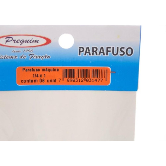 Cartela Parafuso Rosca Maquina Preguim   Redonda 1/4 X 1+Porca+Arruela Com 06 Pecas 1477