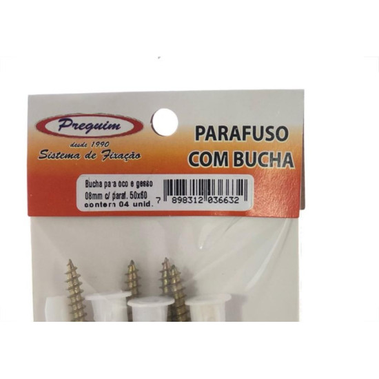 Cartela Bucha Fixacao Preguim Baiano/Gesso 08 Com Parafuso Com 04 Pecas 6632