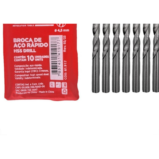 Broca Aco Rapido Cortag 4,5Mm - 61917 - Kit C/10 Pecas