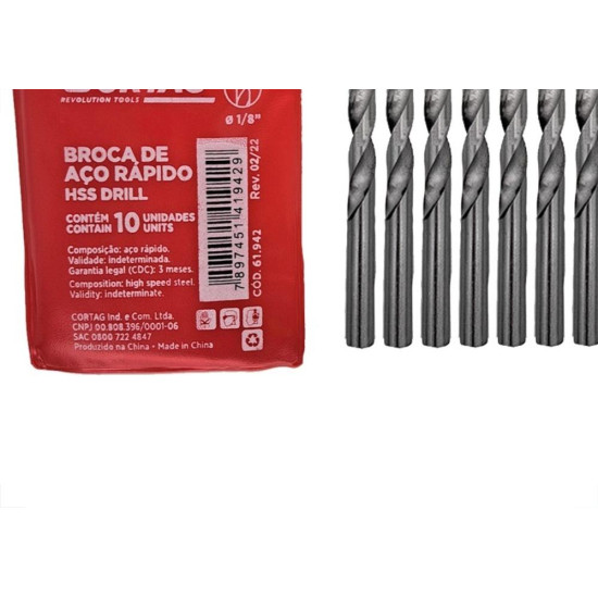 Broca Aco Rapido Cortag   1/8'' - 61942 - Kit C/10 Pecas