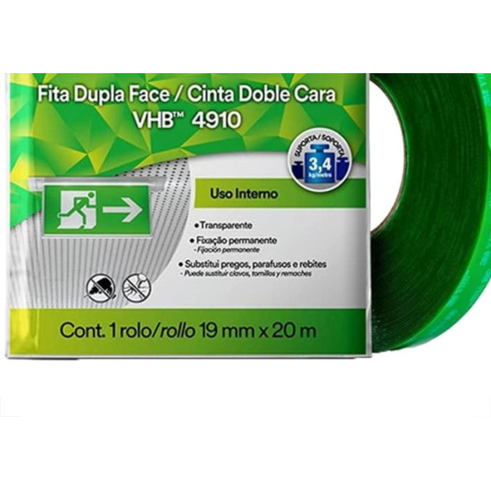 Fita Dupla Face 3M Vhb 4910 Transparente Fixacao Permanente 9,5Mm X 20M