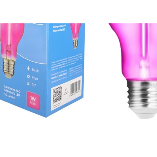 Lampada Filamento De Led Elgin A60 - 1W. 50Lm E-27 Bivolt Rosa