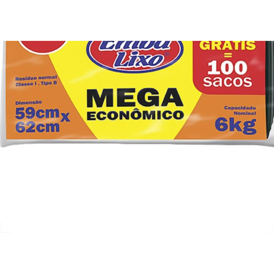 Saco De Lixo Embalixo Mega 30L 59X62Cm Preto Com 100 Pecas