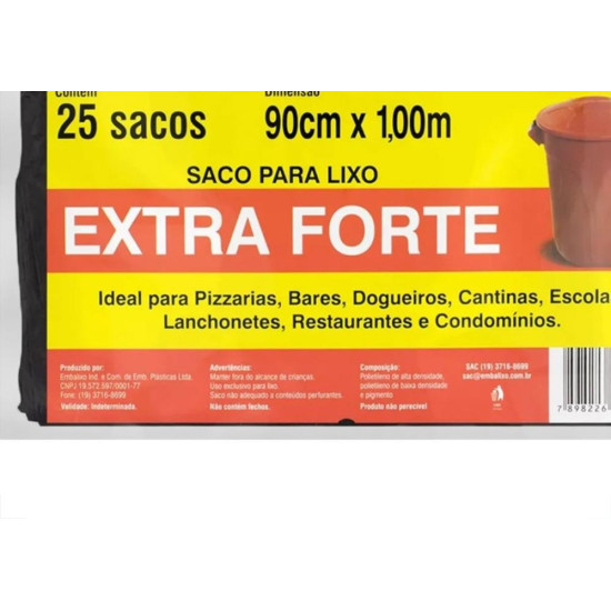 Saco De Lixo Embalixo Extra Forte 110L 90X100Cm Preto Pacote Com 25 Sacos