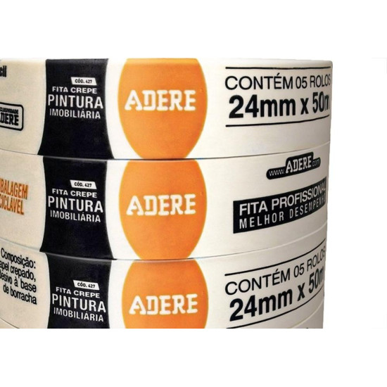 Fita Crepe Adere Para Pintura Imobiliaria 427 Profissional 24Mm X 50M - Kit C/5 Pecas